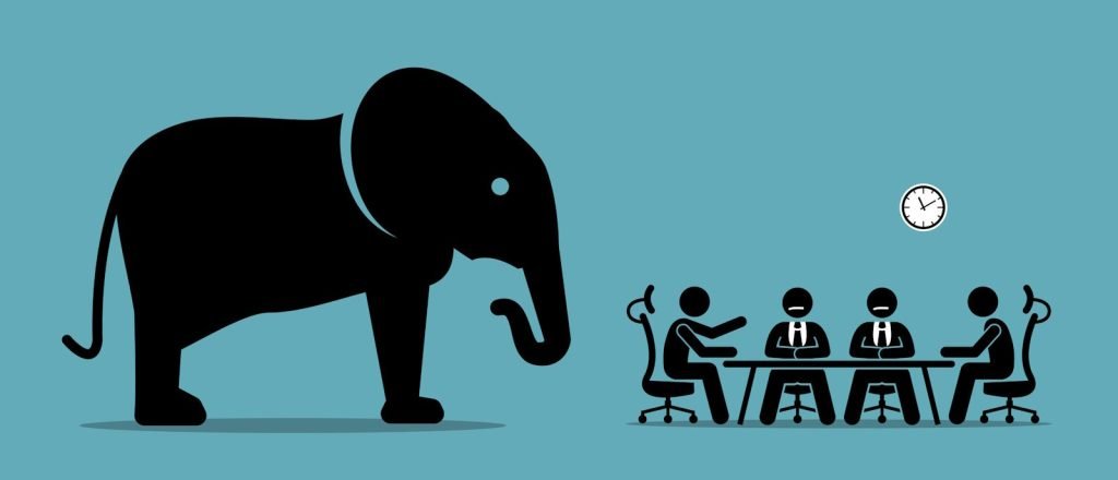 102427270 - elephant in the room. vector artwork illustration depicts the concept of obvious problem, avoiding difficult situation, and evading unpleasant scenario.